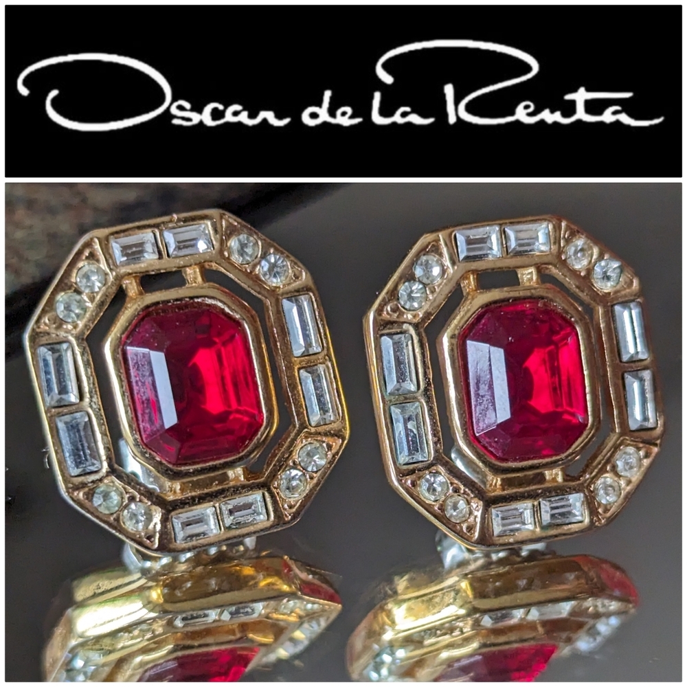 💥EARLY VINTAGE💥💯 OSCAR DE LA RENTA SWAROVSKI CRYSTAL ART DECO EARRINGS